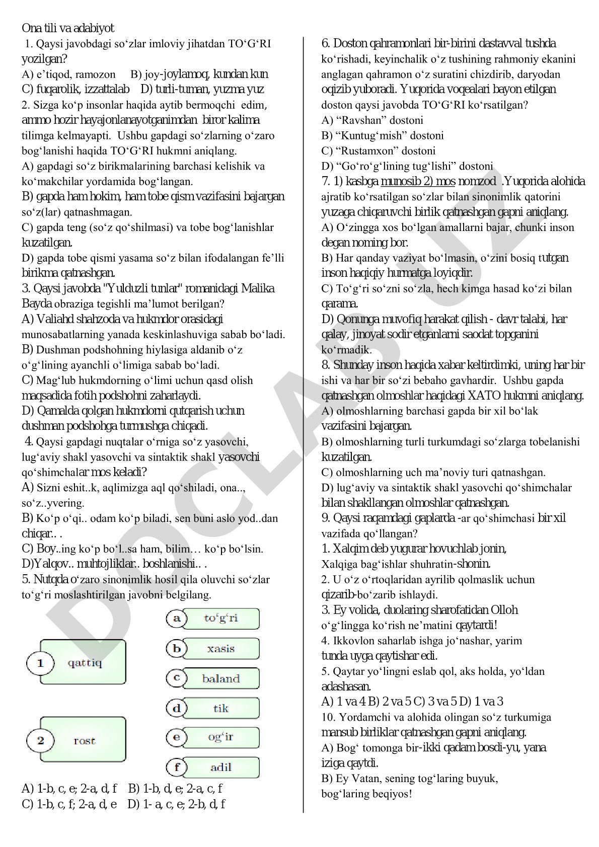 Ona tili va adabiyot test savollari