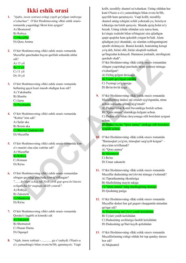 O‘tkir Hoshimovning «Ikki eshik orasi» romani test savollari