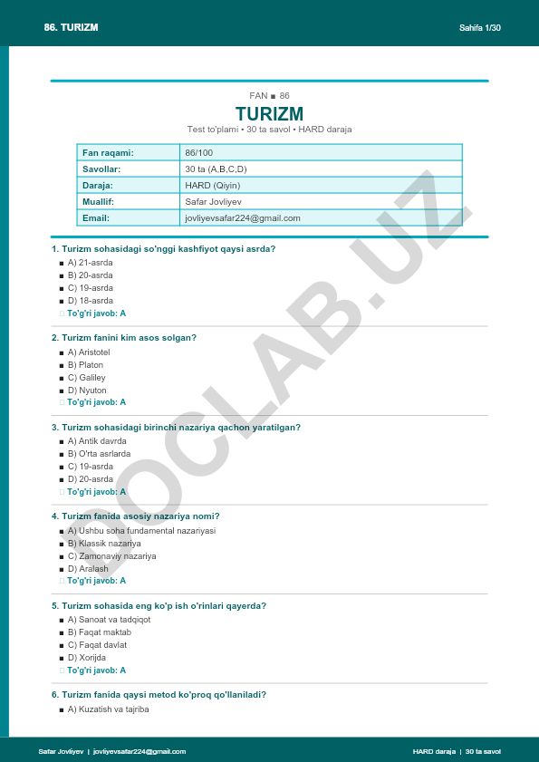 Turizm faniga oid test to'plami