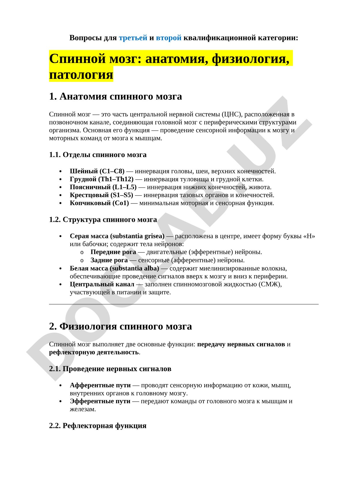Спинной мозг: анатомия, физиология, патология