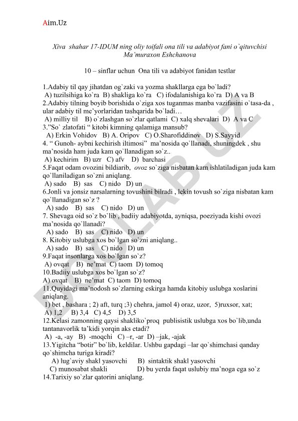 Ona tili va adabiyot fanidan 10-sinflar uchun testlar