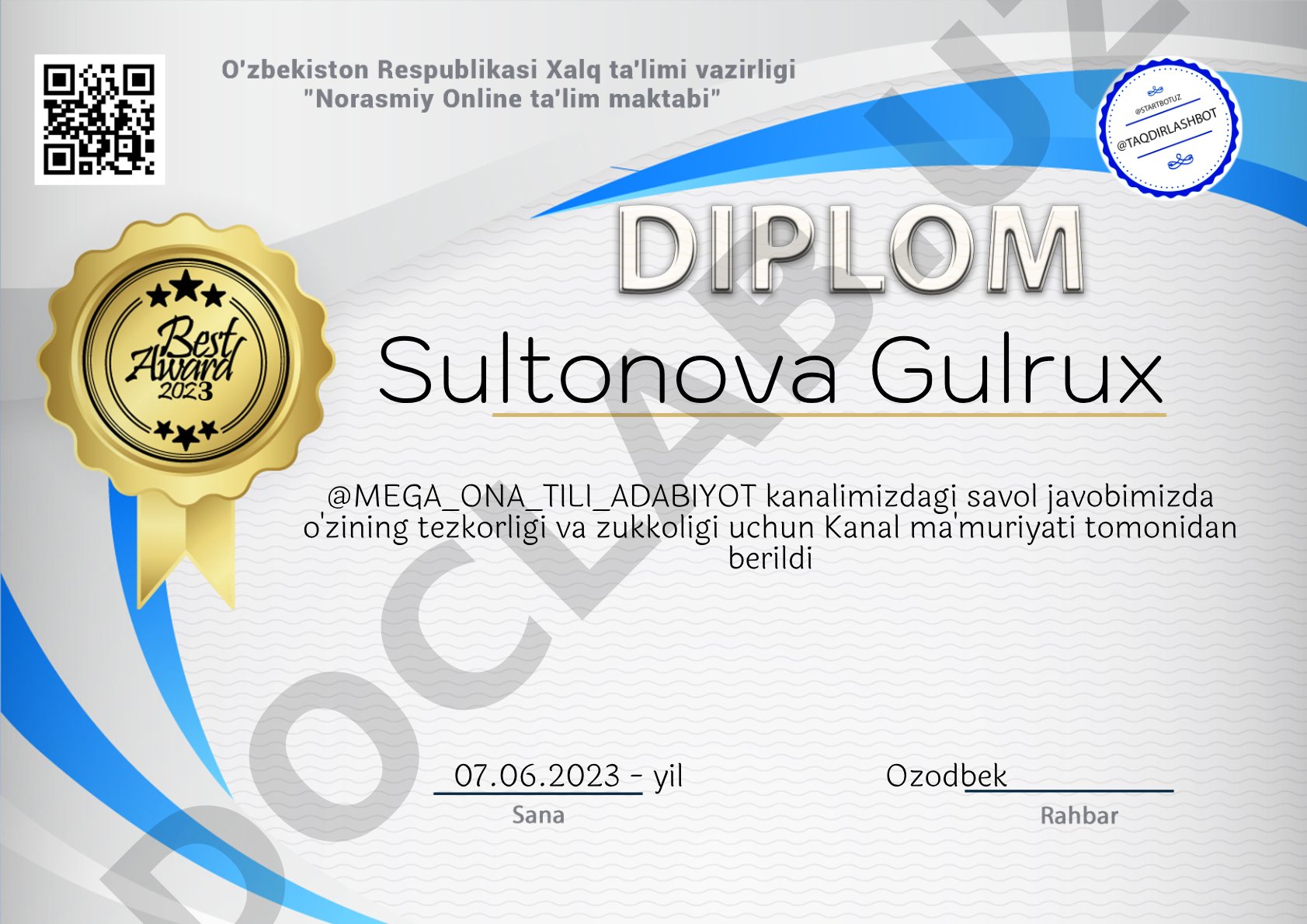 Sultonova Gulruxga kanal ma'muriyati tomonidan berilgan mukofot