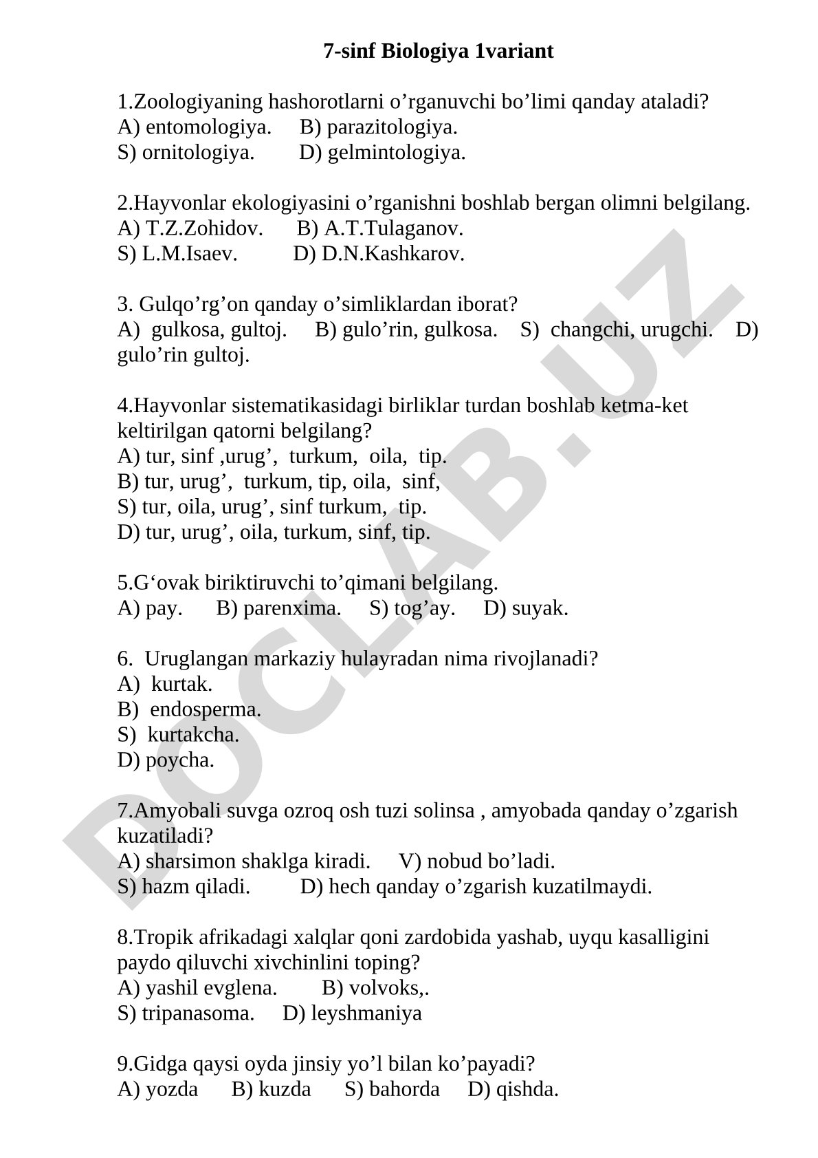 7-sinf Biologiya 1-variant test savollari