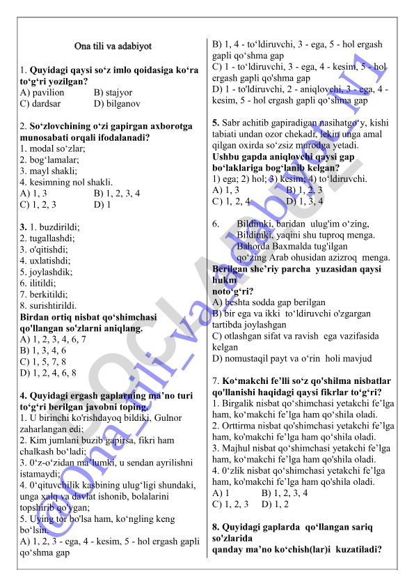 Ona tili va adabiyot fanidan test savollari