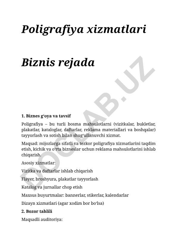 Poligrafiya xizmatlari biznes rejasi