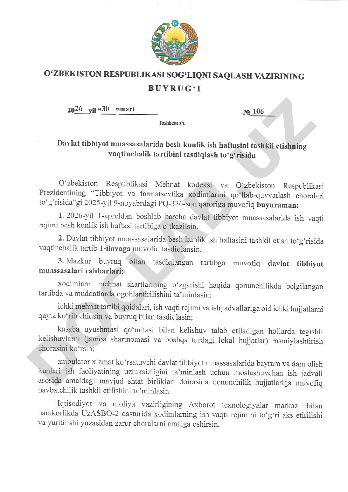 Davlat tibbiyot muassasalarida besh kunlik ish haftasini tashkil etishning vaqtinchalik tartibi