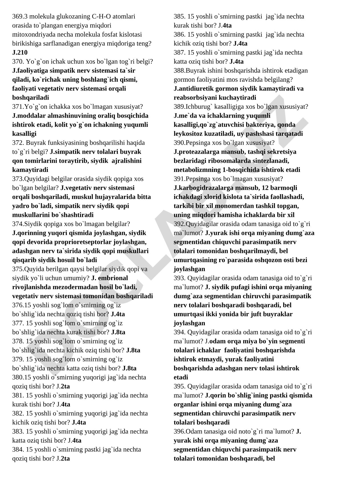 Biologiya test savollari (glukoza energiyasi, yo'g'on ichak, buyrak, siydik qopi)
