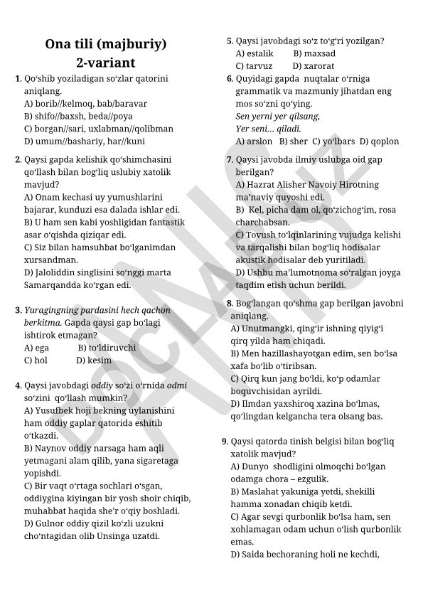 Ona tili test savollari 2-variant