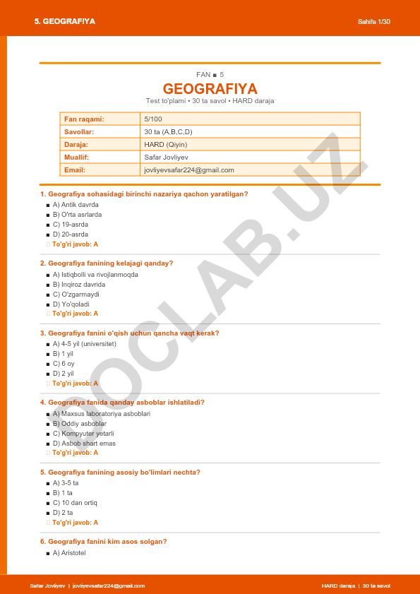 Geografiya faniga oid test to'plami