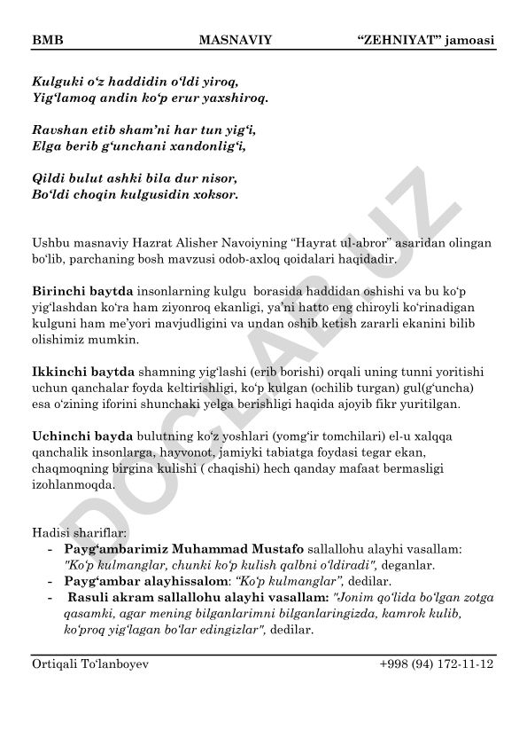 Alisher Navoiyning Hayrat ul-abror asaridan odob-axloq qoidalari haqida parchalar