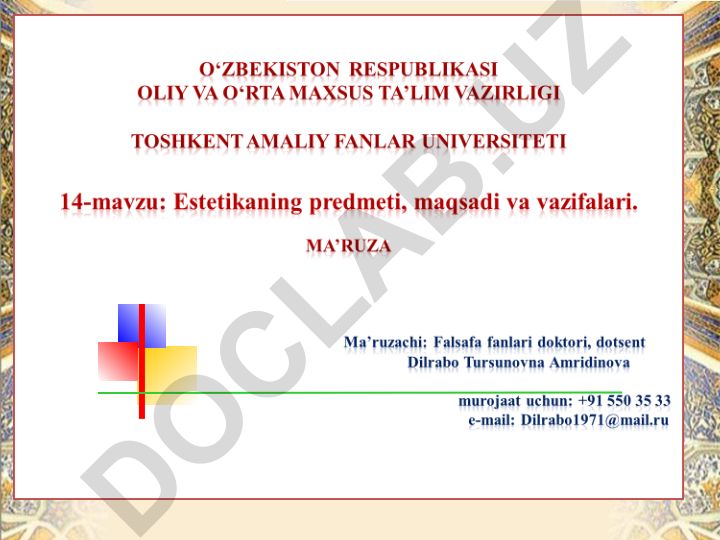 Estetika fanining obyekti, falsafiy mohiyati va kategoriyalari