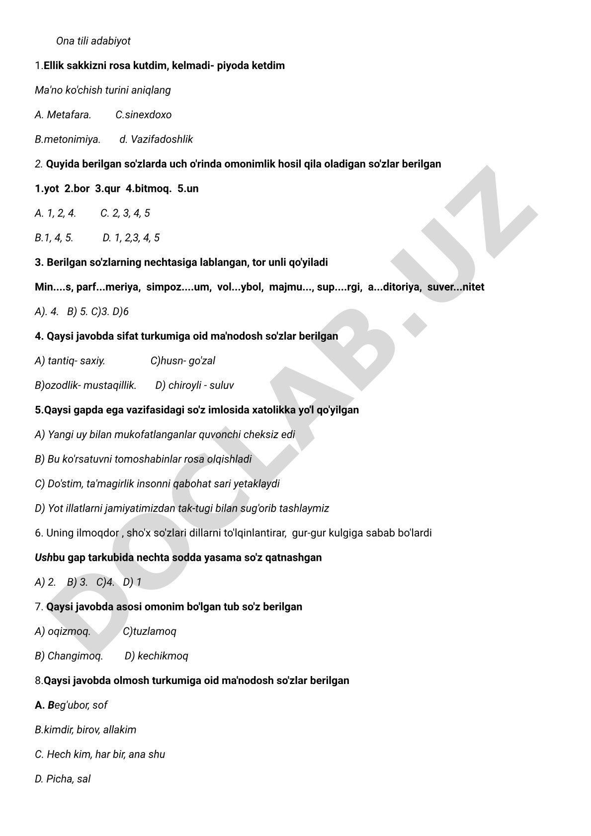 Ona tili adabiyot test savollari