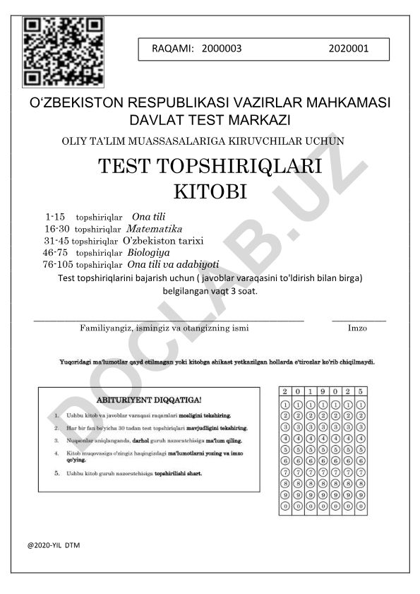 Oliy ta'lim muassasalariga kiruvchilar uchun test topshiriqlari kitobi