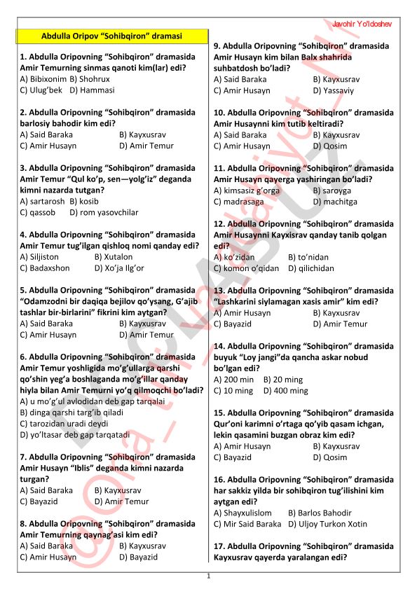 Abdulla Oripovning “Sohibqiron” dramasi test savollari