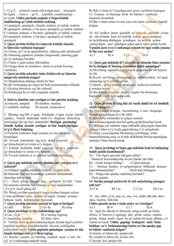 O'zbek tili grammatikasi test savollari