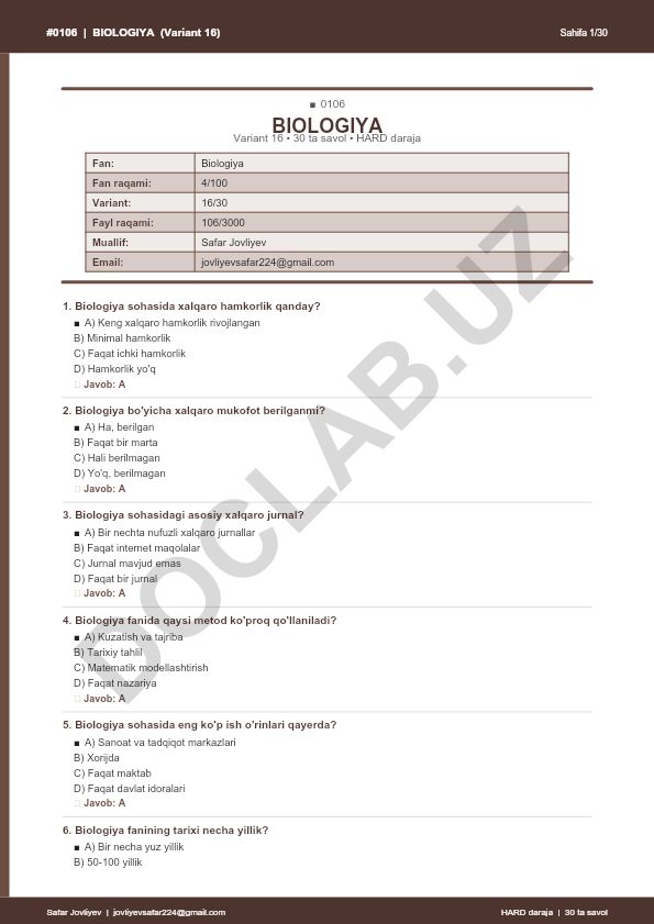 Biologiya fanidan 30 ta savolli test (Variant 16)