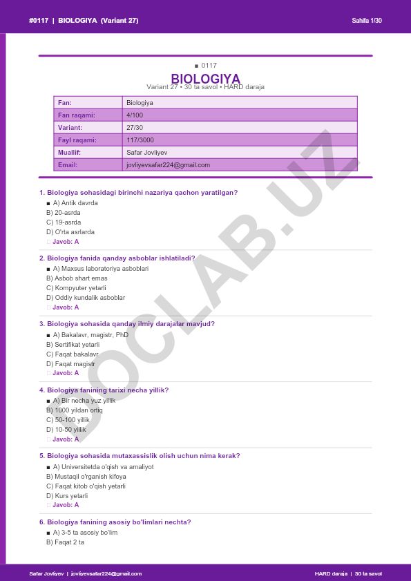 Biologiya fanidan test savollari (Variant 27)