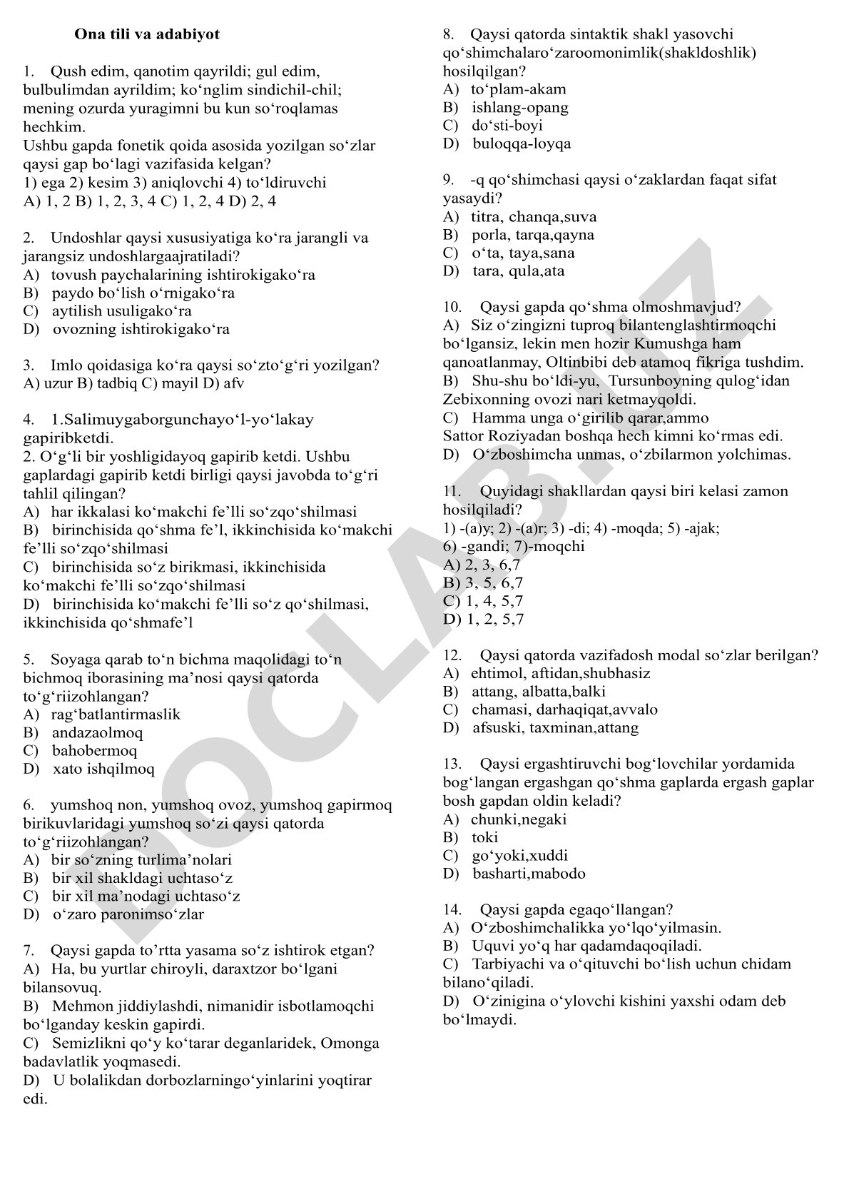 Ona tili va adabiyot test savollari
