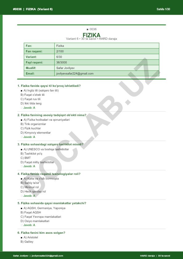 Fizika faniga oid 30 ta savolli test (Variant 6)
