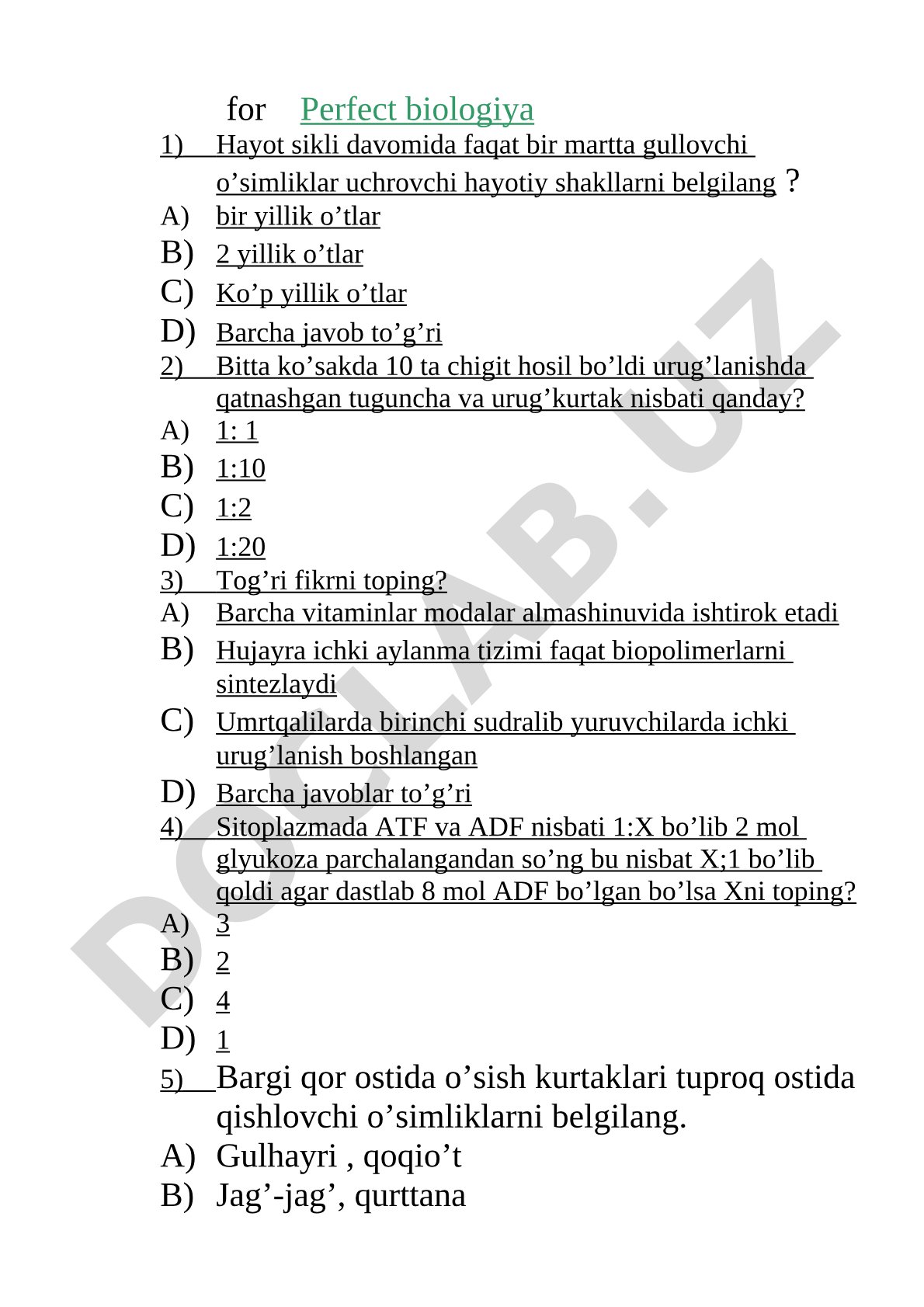 Biologiya test savollari