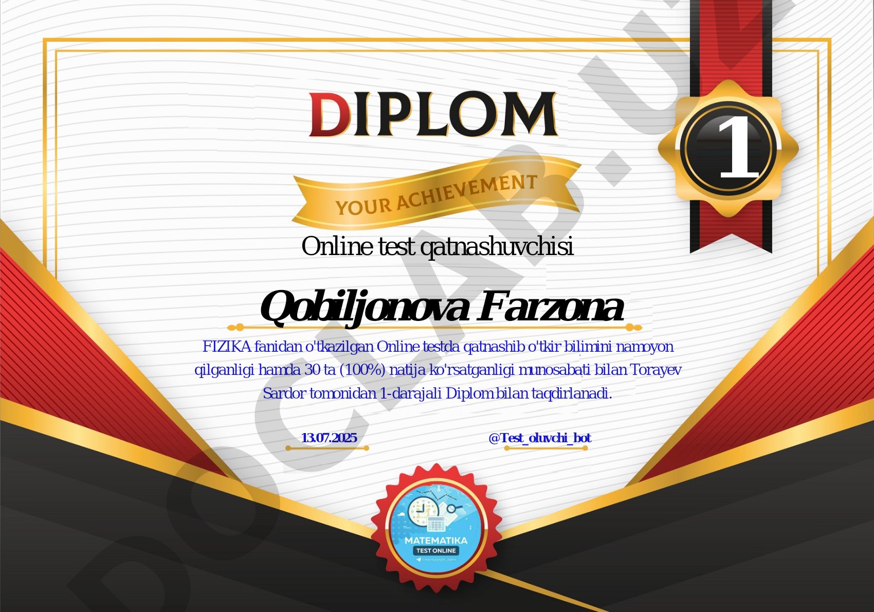 Fizika fanidan online test natijalari va diplomlar