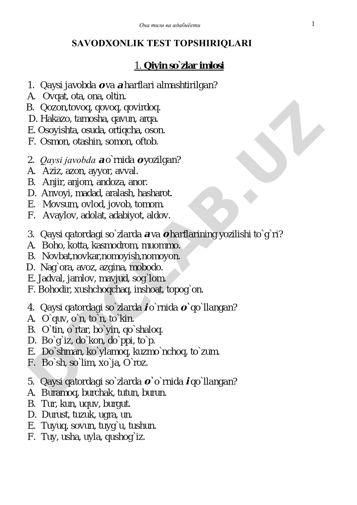 Ona tili va adabiyoti 1 savodxonlik test topshiriqlari