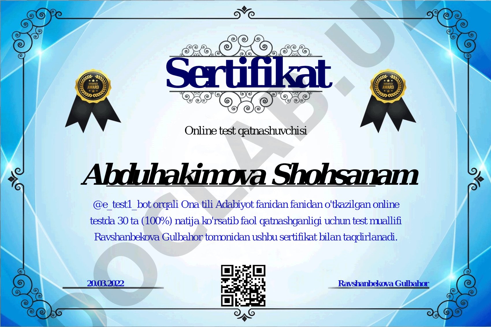 Ona tili Adabiyot fanidan online test sertifikati