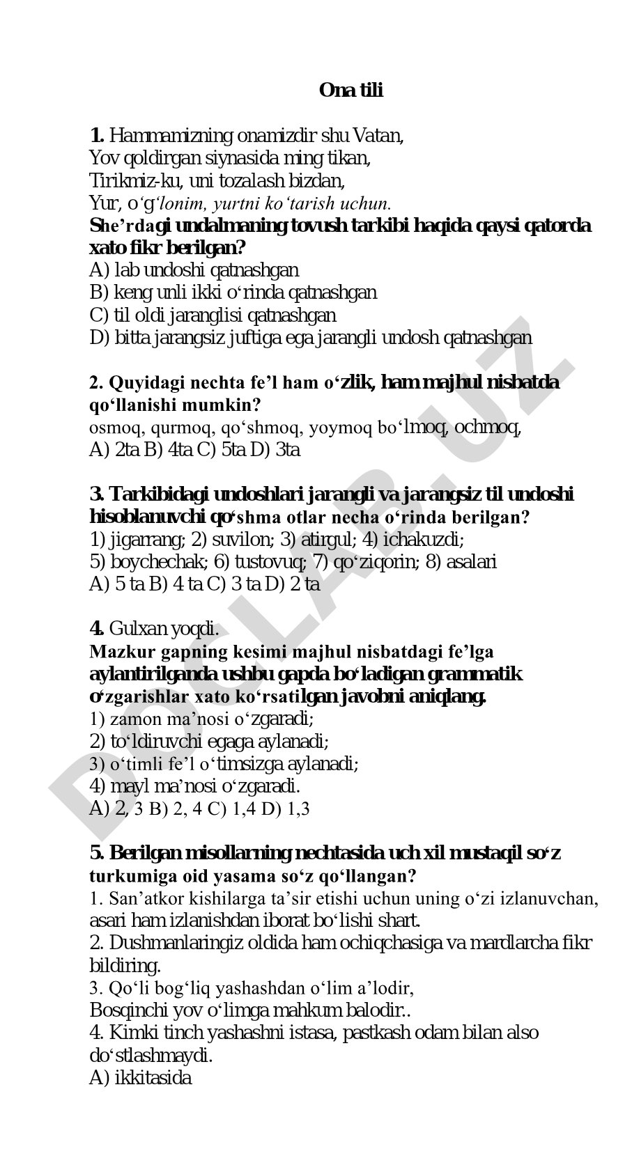 Ona tili test savollari
