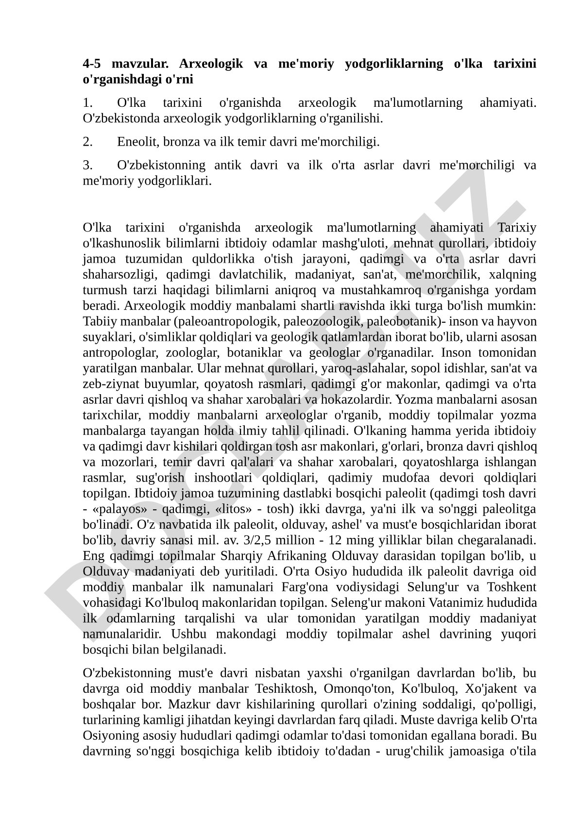 Arxeologik va me'moriy yodgorliklarning o'lka tarixini o'rganishdagi o'rni