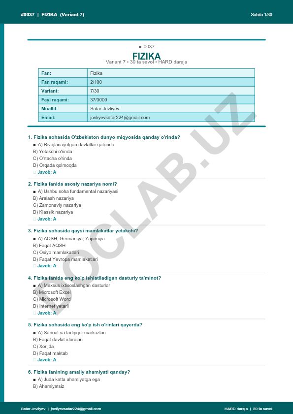 Fizika fanidan 30 ta savolli test (Variant 7)