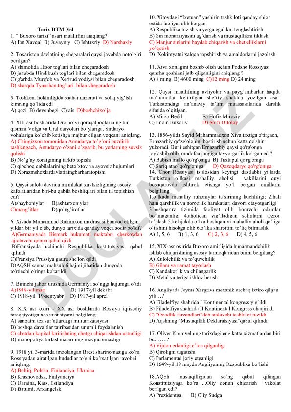 Buxoro tarixi va Oʻrta Osiyo tarixiga oid test savollari