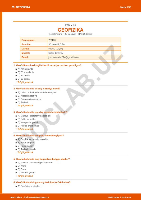 Geofizika fanidan test to'plami