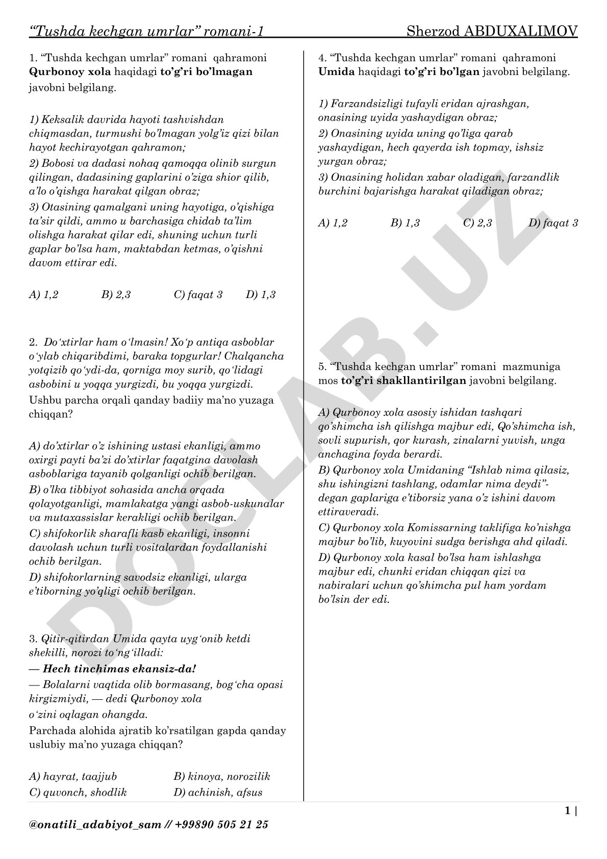 Tushda kechgan umrlar romani test savollari