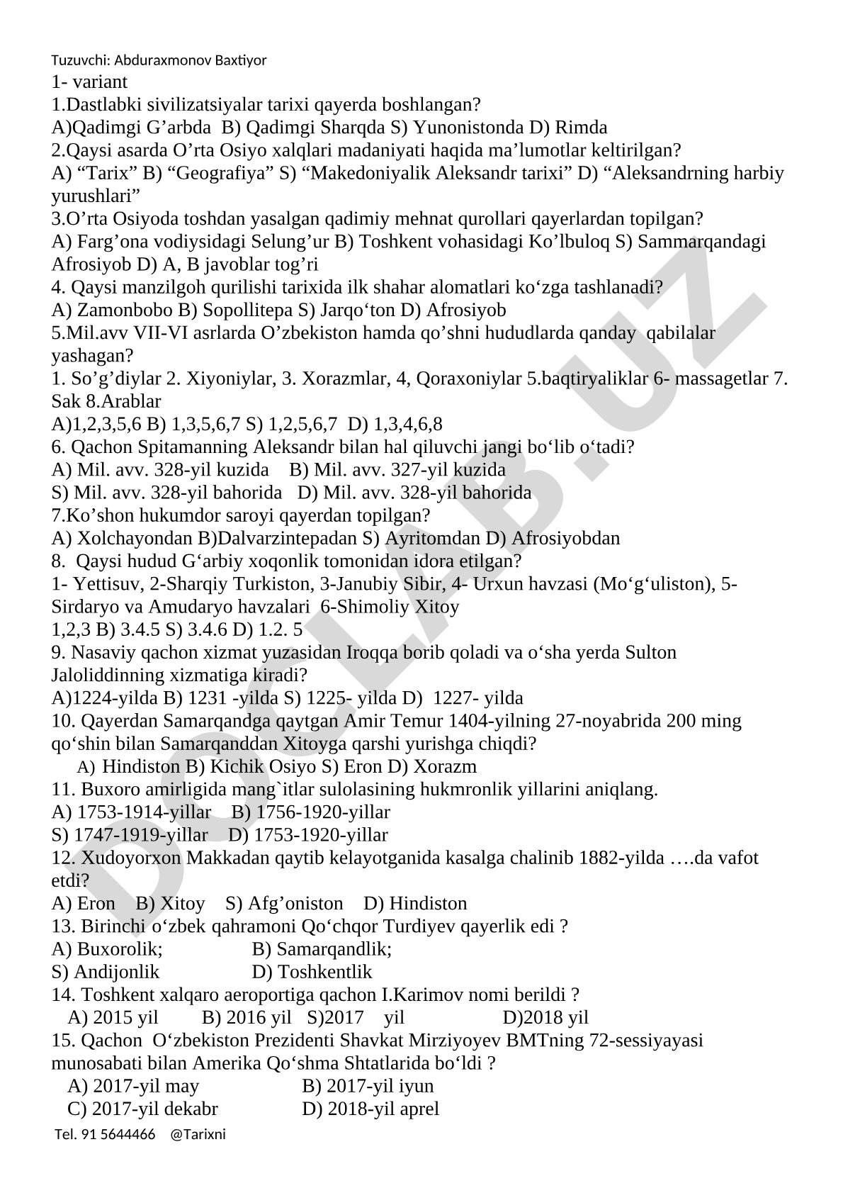 Dastlabki sivilizatsiyalar tarixi test savollari
