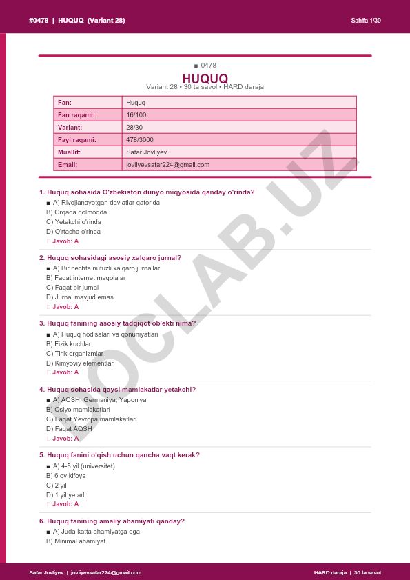 Huquq fanidan test savollari (Variant 28)