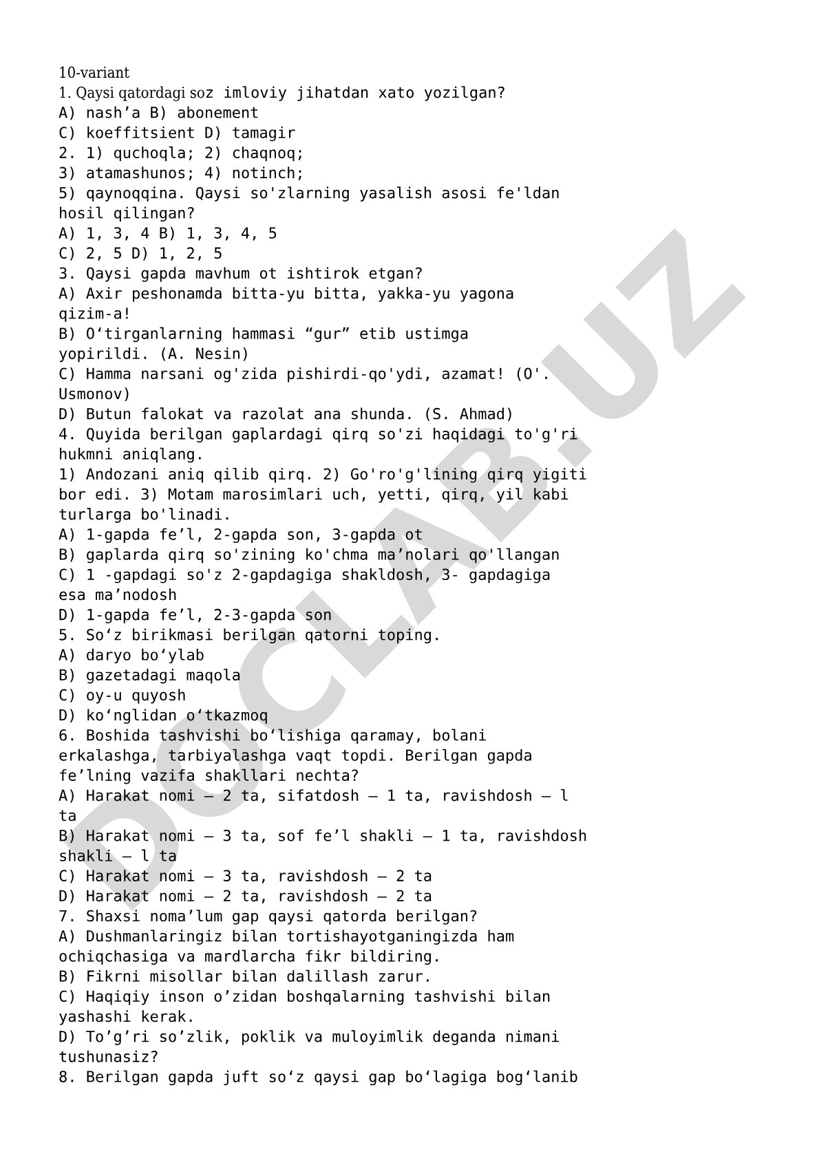 10-variant imloviy va grammatik test savollari