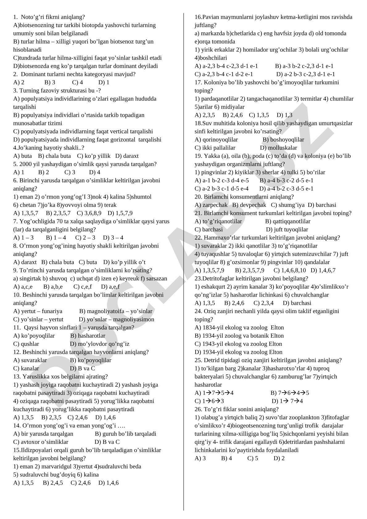 Ekologiya va biotsenoz bo'yicha test savollari
