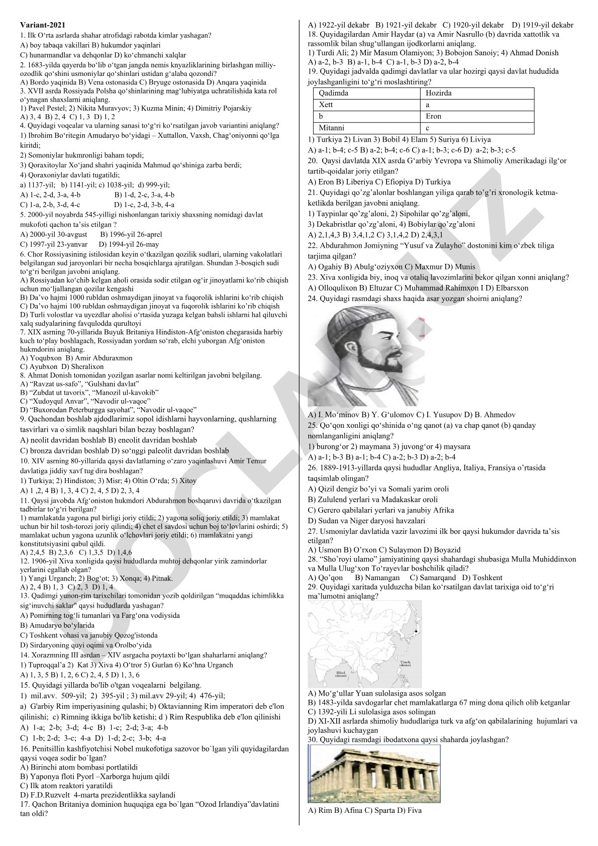Tarix fanidan test savollari