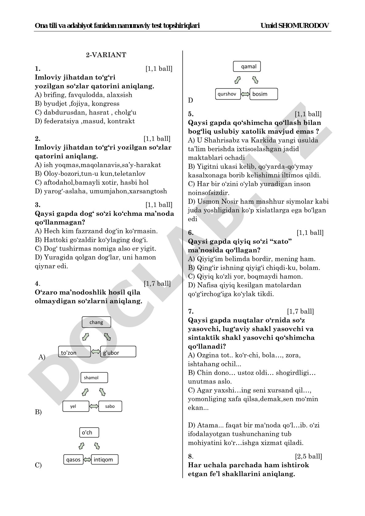 Ona tili va adabiyot fanidan namunaviy test topshiriqlari