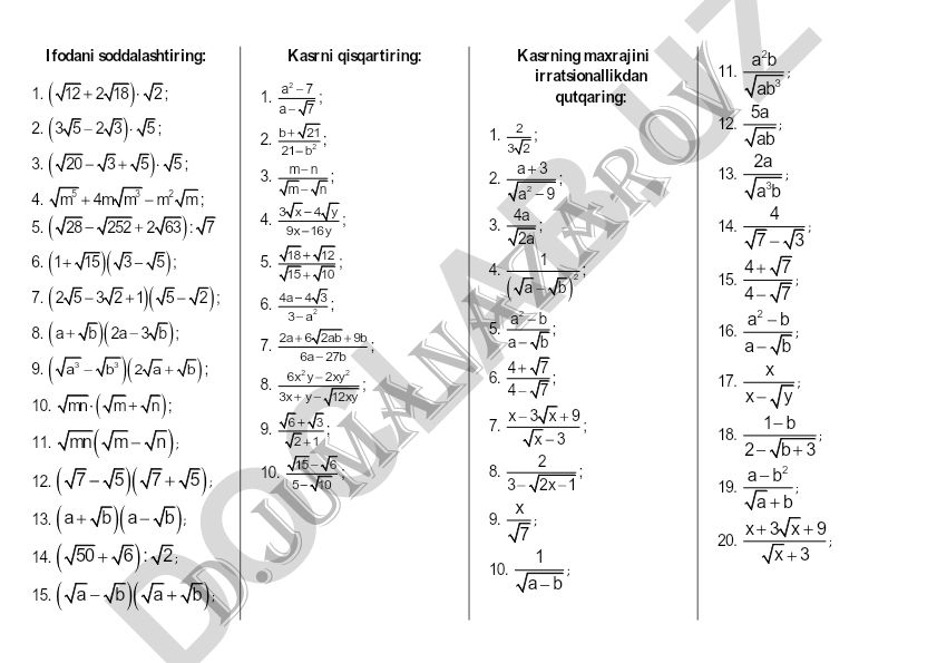 Algebraik ifodalar va kasrlarni soddalashtirish masalalari