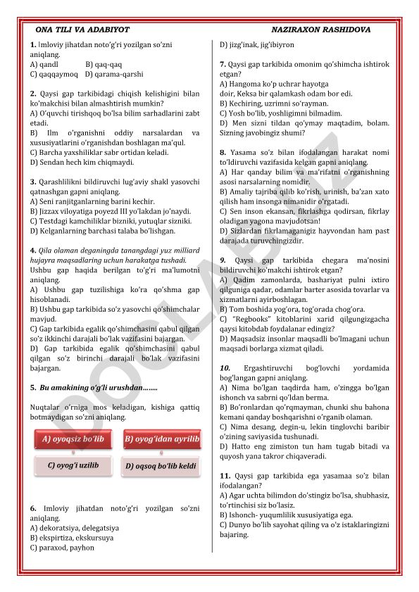 Ona tili va adabiyot fanidan test savollari