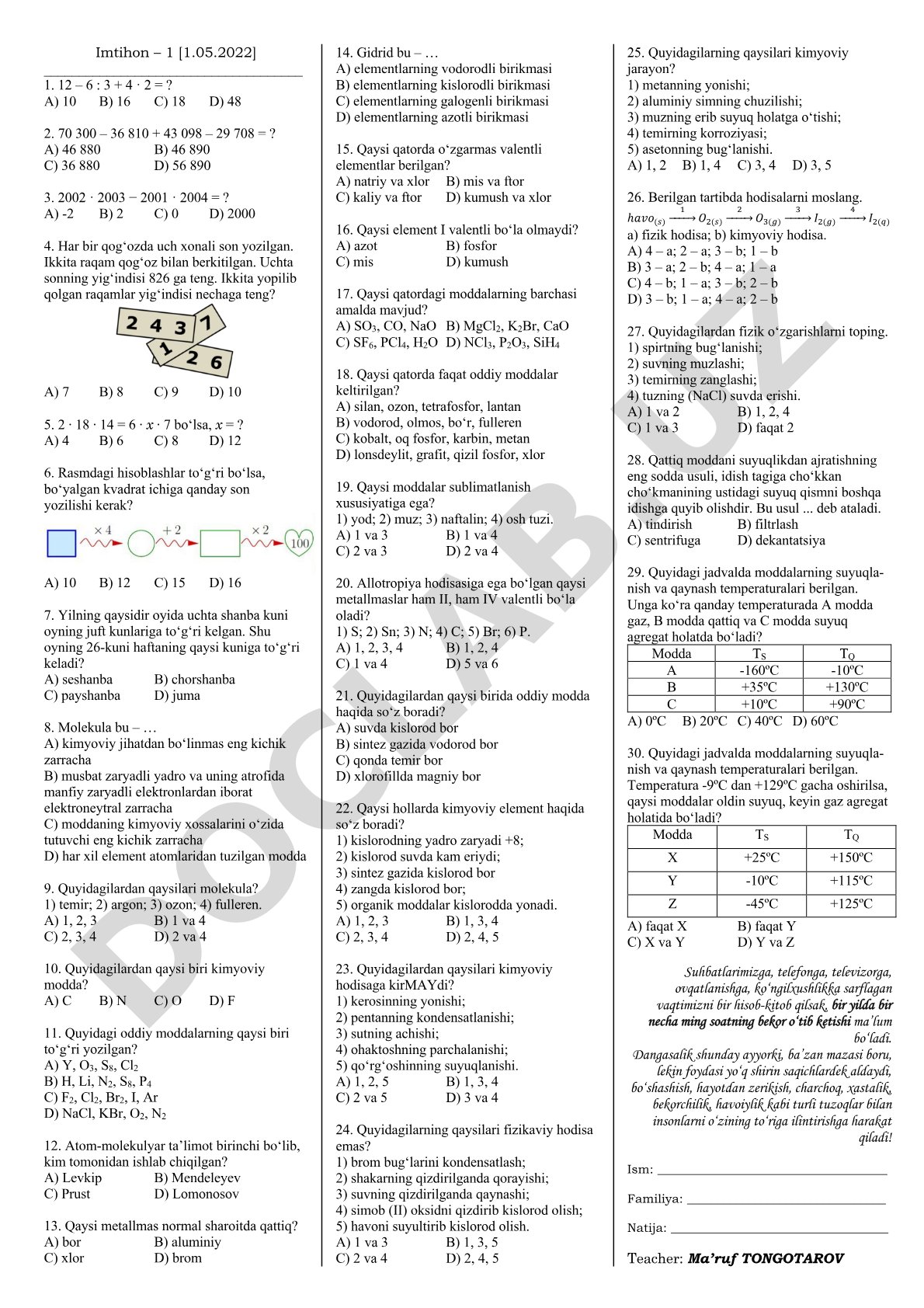 Imtihon savollari (matematika va kimyo)