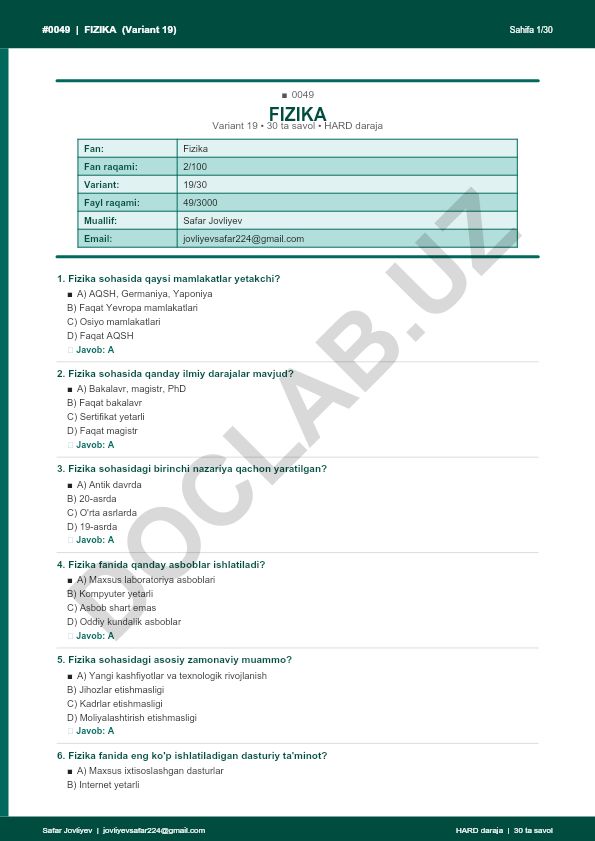 Fizika fanidan 30 ta savol to'plami (Variant 19)