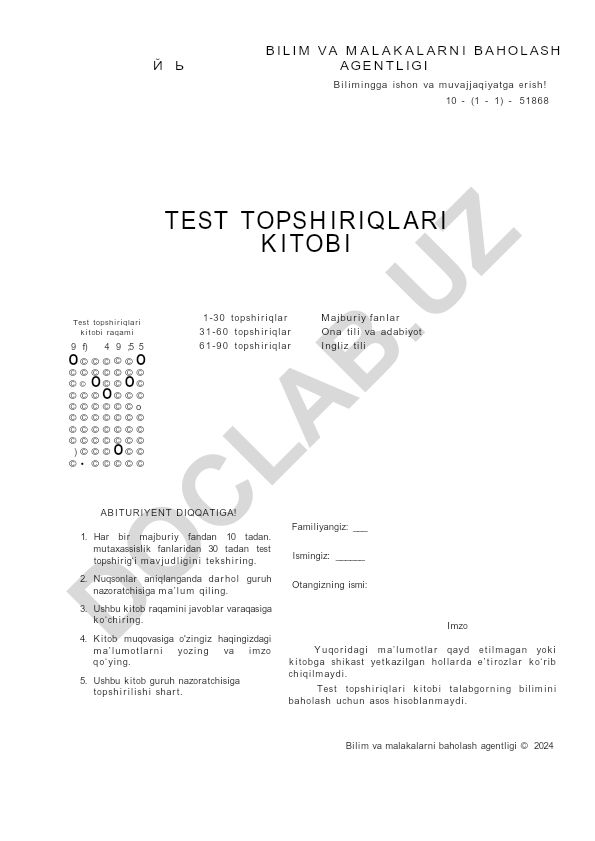 Bilim va malakalarni baholash agentligi test topshiriqlari kitobi