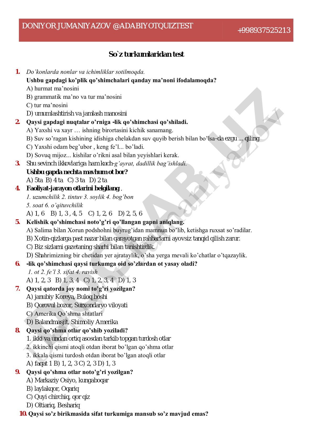 So'z turkumlaridan test