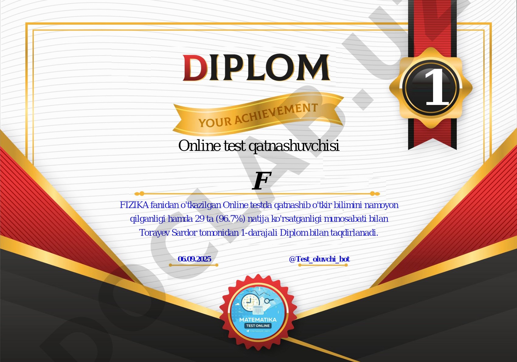 Fizika fanidan online test natijalari va diplomlar