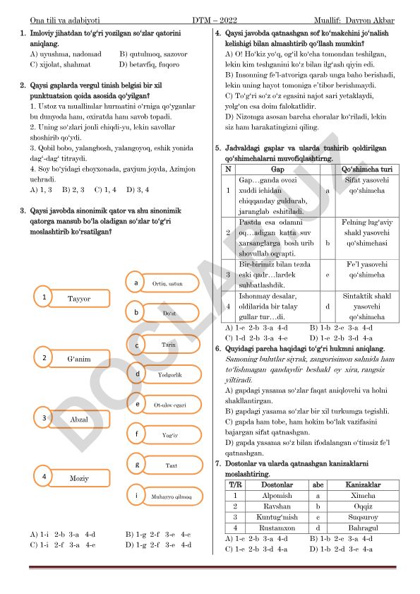 Ona tili va adabiyot fanidan test savollari