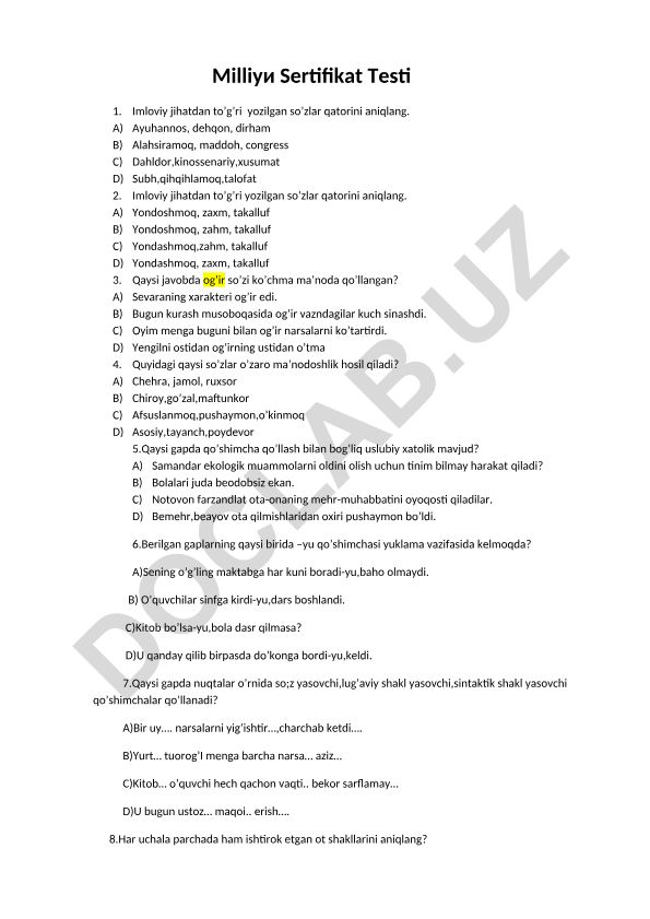 O'zbek tili imlo va grammatika test savollari