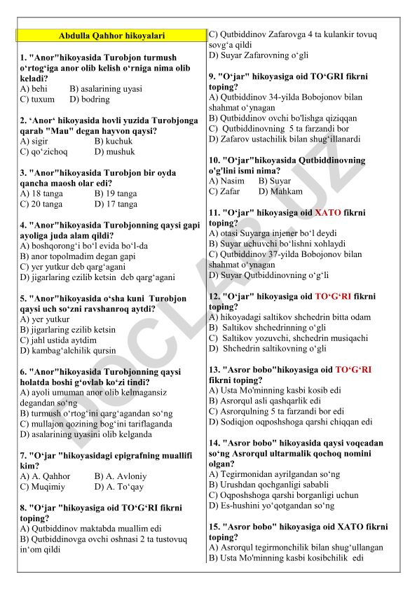 Abdulla Qahhor hikoyalari test savollari