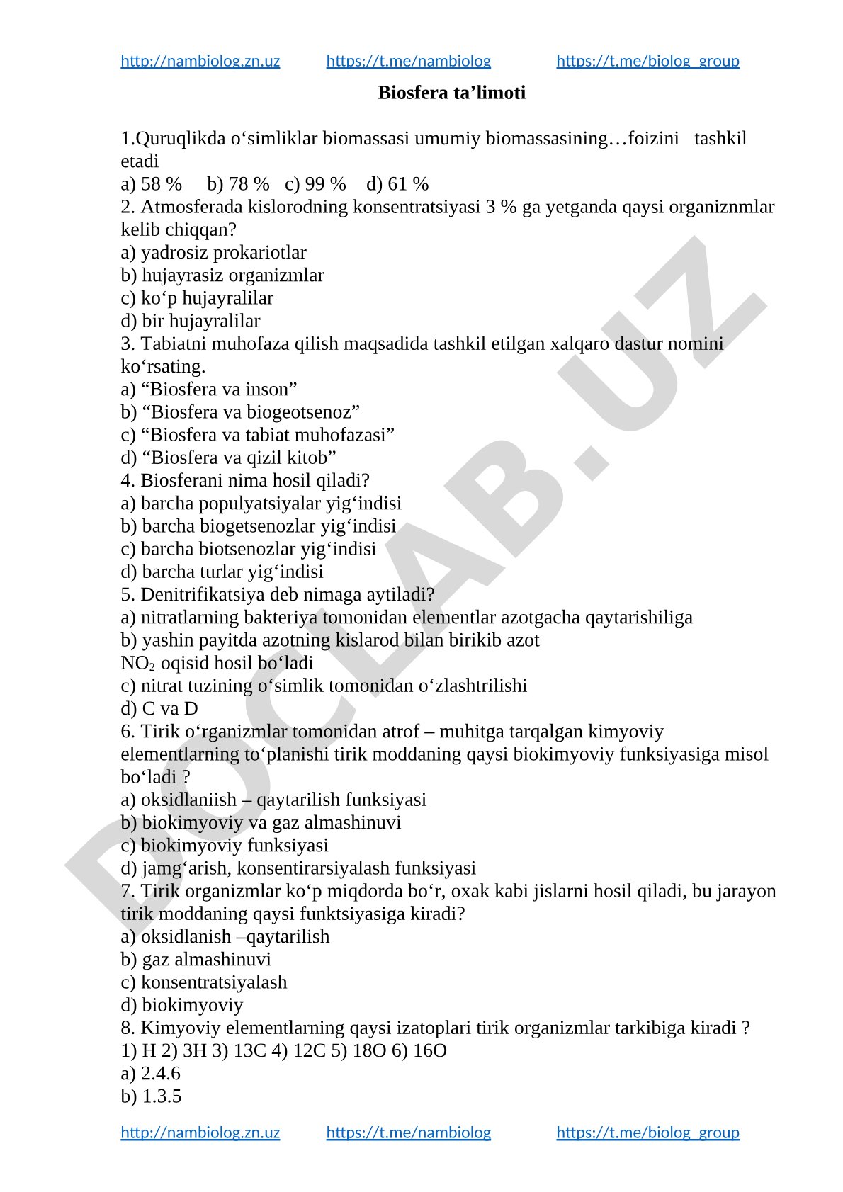 Biosfera ta'limoti test savollari